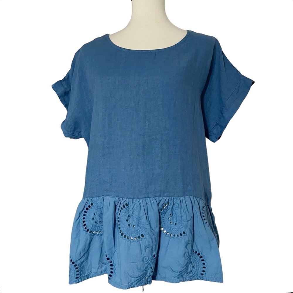 Terzo Millennio 100% Linen Eyelet Top in Blue Size Large